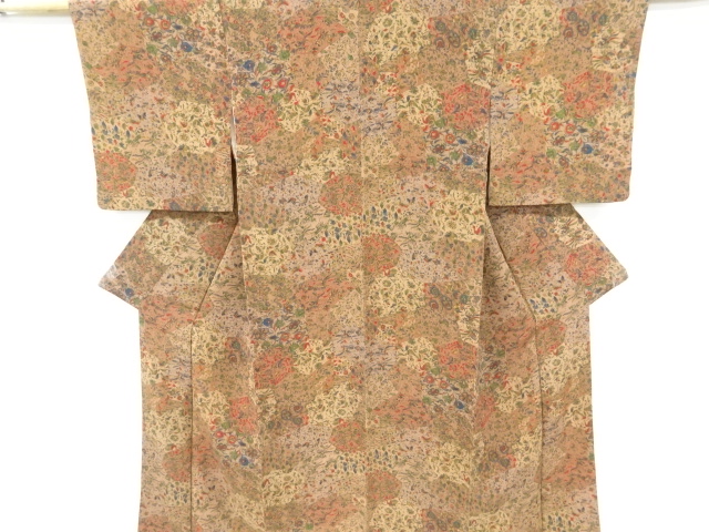JAPANESE KIMONO / VINTAGE KOMON KIMONO / CHIRIMEN / FLOWER & BIRD & STONE PAVEMENT